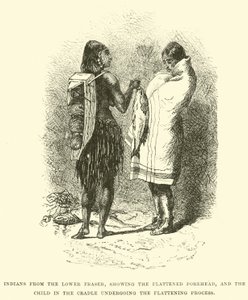 Indios del Bajo Fraser, mostrando la frente aplanada, y el niño en la cuna sometido al proceso de aplanamiento