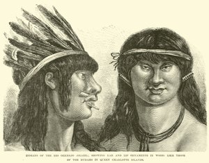 Indios del Río Oermejo (Brasil), mostrando adornos de oreja y labio en madera, como los de los Hydahs en las Islas de la Reina Carlota de English School