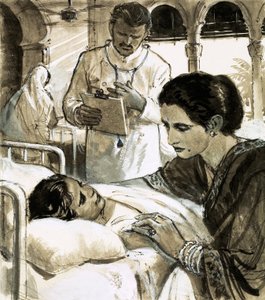 Indira Gandhi cuidando a un niño en el hospital de English School