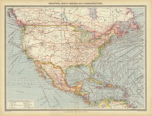 América del Norte industrial con comunicaciones (litografia en color)