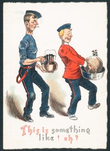 Caballeros ebrios llevando pudín de ciruela y bebida (Humorístico), tarjeta de Navidad de English School