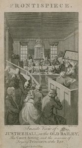 Vista interior de Justice Hall en el Old Bailey, la corte en sesión, y la manera de juzgar a los prisioneros en el Bar de English School