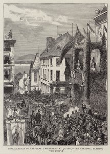 Instalación del Cardenal Taschereau en Quebec, el Cardenal bendiciendo al pueblo (grabado) de English School
