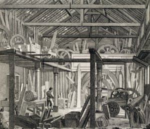 Vista interior de la Casa de Reuniones de John Bunyan en Zoar Street, Gravel Lane, Southwark, utilizada como taller y aserradero, c.1822 de English School