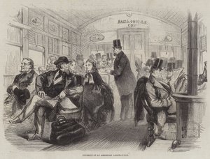 Interior de un vagón de ferrocarril americano (grabado) de English School