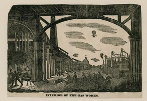 Interior de las obras de gas, Brick Lane, Spitalfields, Londres, circa 1820 de English School