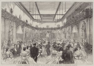 Entretenimiento internacional en el Guildhall, el baile en el salón temporal erigido en Guildhall-Yard de English School