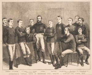 Partido internacional de fútbol en Kennington Oval: Inglaterra vs. Escocia - El equipo escocés, de The Graphic, 1879