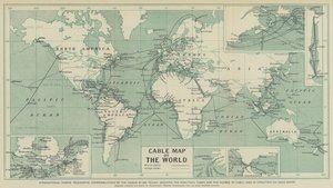 Comunicaciones telegráficas marinas internacionales del mundo en uso hoy, mostrando las direcciones tomadas y el número de líneas de cable en operación en cada ruta (litografía) de English School