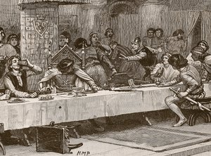 Interrumpiendo la Cena de Navidad de Balliol, ilustración de Cassells Illustrated History of England de English School