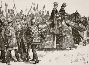 Entrevista entre Becket y el Rey Enrique, ilustración de Cassells Illustrated History of England de English School