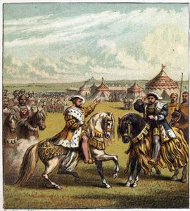 Entrevista con los reyes de Francia e Inglaterra, Francisco I (1494-1547) y Enrique VIII (1491-1547), en el campamento del paño dorado el 7 de junio