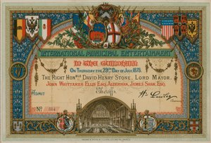 Invitación a Entretenimiento Municipal Internacional en el Guildhall, Londres, el 29 de julio de 1875