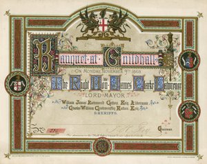 Invitación a un banquete en el Guildhall, Londres, el 9 de noviembre de 1868 de English School