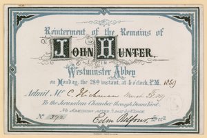 Invitación a la reinhumación de los restos de John Hunter en la Abadía de Westminster, Londres, 28 de marzo de 1859