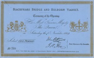 Invitación a la inauguración del Puente de Blackfriars y el Viaducto de Holborn