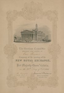 Invitación a la inauguración del nuevo Royal Exchange, Londres, por Su Majestad la Reina Victoria el 28 de octubre de 1844