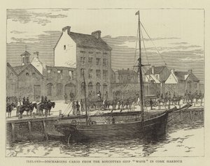 Irlanda, descargando carga del barco boicoteado "Wave" en el puerto de Cork (grabado) de English School