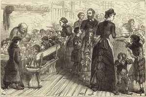 Cena de estofado irlandés para los pobres en el Salón de la Misión de Conder Street de English School