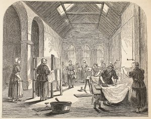 Sala de planchado en la prisión de Brixton, ilustración de Las prisiones criminales de Londres y escenas de la vida en prisión de Henry Mayhew y John Binny, pub. 1862 de English School