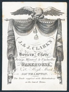 J & J Clarks, almacén de medias, guantes, flecos, estambre y paraguas, tarjeta comercial de English School
