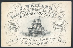 J Weiller, importador y fabricante de plumas de Hamburgo, 2 Tenter Street, tarjeta comercial