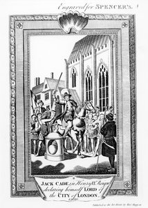 Jack Cade (m.1450) en el reinado de Enrique VI declarándose señor de la ciudad de Londres, grabado para Spencer
