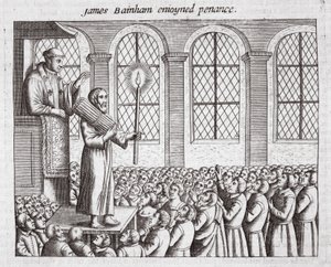 James Bainham haciendo penitencia, ilustración de Hechos y Monumentos de John Foxe, novena edición, pub. 1684