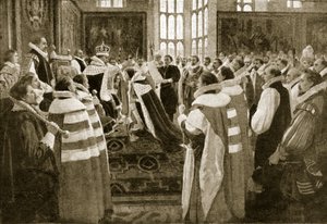 Jacobo I inviste a su hijo Carlos como Príncipe de Gales, 1616, ilustración de la Historia de la Nación Británica de Hutchinson, c.1923 de English School