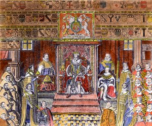 Jacobo I de Inglaterra (1566-1625) en la corte de English School