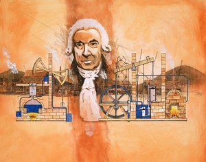 James Watt con hornos y bombas mecánicas en el fondo