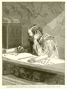 Escriba japonés produciendo rollo de libro de English School