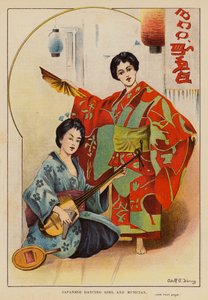 Bailarina japonesa y músico (litografía en color)
