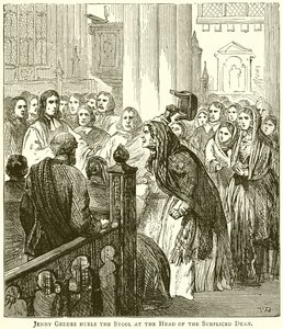 Jenny Geddes lanza el taburete a la cabeza del decano con sobrepelliz de English School