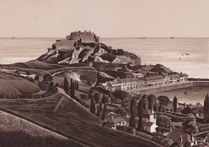 Jersey, Islas Chanel: Castillo de Mount Orgueil y puerto de Gorey (litografía) de English School