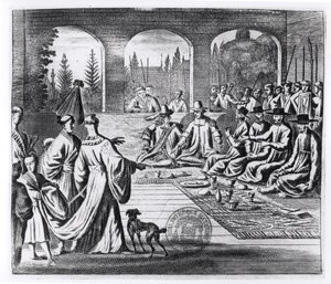 Jesuitas con comerciantes holandeses y portugueses en la corte del Emperador japonés, ilustración de Una Embajada Memorable al Emperador de Japón por Arnold Montanus, publicado en Londres en 1670 de English School