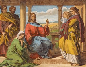 Jesucristo en casa de Marta y María (litografía en color) de English School