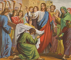 Jesucristo resucita al hijo de la viuda de Naín (litografía en color) de English School