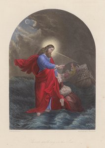 Jesucristo paseando por el Mar de Galilea (grabado coloreado) de English School