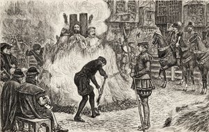John Bland, John Frankesh, Nicholas Sheterden y Humphrey Middleton quemados vivos por herejía en el siglo XVI, c.1865 (grabado en madera) de English School