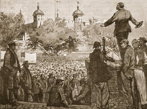 John Burns dirigiéndose a una reunión de estibadores en Tower Hill, 1889, ilustración de la Historia Ilustrada de Inglaterra de Cassell