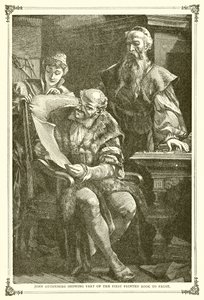 Johannes Gutenberg mostrando parte del primer libro impreso a Faust de English School