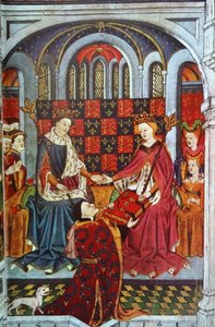 John Talbot, conde de Shrewsbury, presenta un libro a Enrique VI y Margarita de Anjou (vitela)