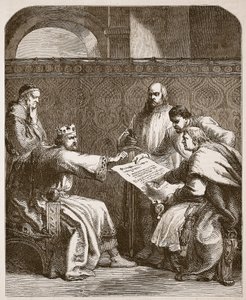Juan negándose a firmar los artículos de los Barones, ilustración de Cassells Illustrated History of England de English School