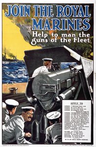 Únete a los Marines Reales - Ayuda a manejar los cañones de la Flota, cartel de reclutamiento de la Primera Guerra Mundial