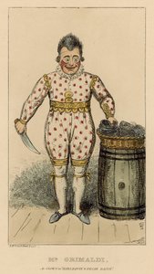 Joseph Grimaldi como Payaso en Arlequín y Fray Bacon de English School