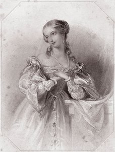 Julieta (Romeo y Julieta) - en - “Galería de Mujeres de Shakespeare, colección de cuarenta y cinco retratos serios por los primeros artistas de Londres, enriquecidos con notas críticas y literarias” alrededor de 1838 de English School