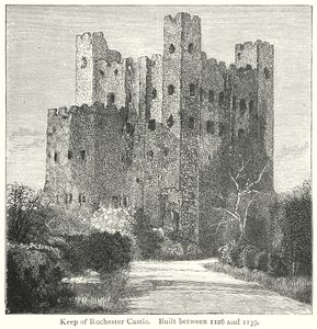 Torre del homenaje del castillo de Rochester. Construido entre 1126 y 1139 (grabado) de English School