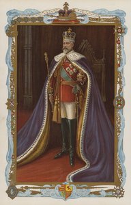 El rey Eduardo VII con toga de coronación (litografía en color) de English School