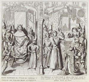 El rey Eduardo III envía su desafío a Felipe de Valois, rey de Francia, el obispo de Lincoln y otros, que habían jurado llevar un parche sobre un ojo hasta realizar alguna hazaña valiente